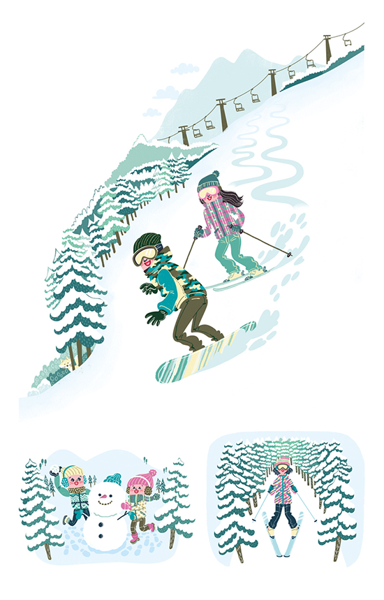 ウィンターレジャー・スキー・雪合戦 カットイラスト制作 イラストレーターStudioCUBE.