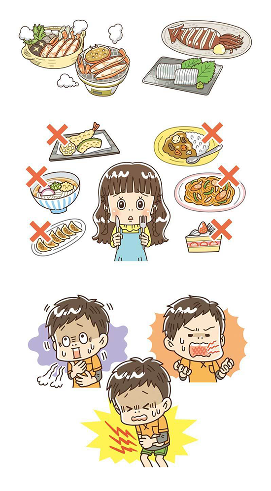 日本図書センター〈どっちを選ぶ?クイズで学ぶ!食物アレルギーサバイバル〉児童書 子供向け書籍 イラスト制作 イラストレーターStudioCUBE.