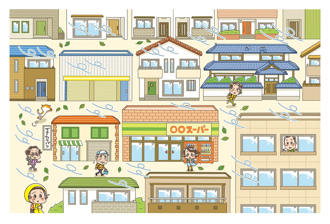 日本図書センター〈どっちを選ぶ?クイズで学ぶ!自然災害サバイバル〉児童書・学習本・書籍のイラスト制作-イラストレーターStudioCUBE.