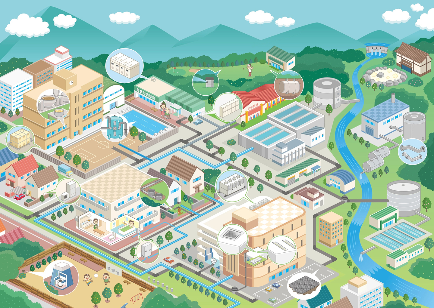 〈パンフレット〉アイソメトリック 俯瞰 街イラスト制作 イラストレーターStudioCUBE.