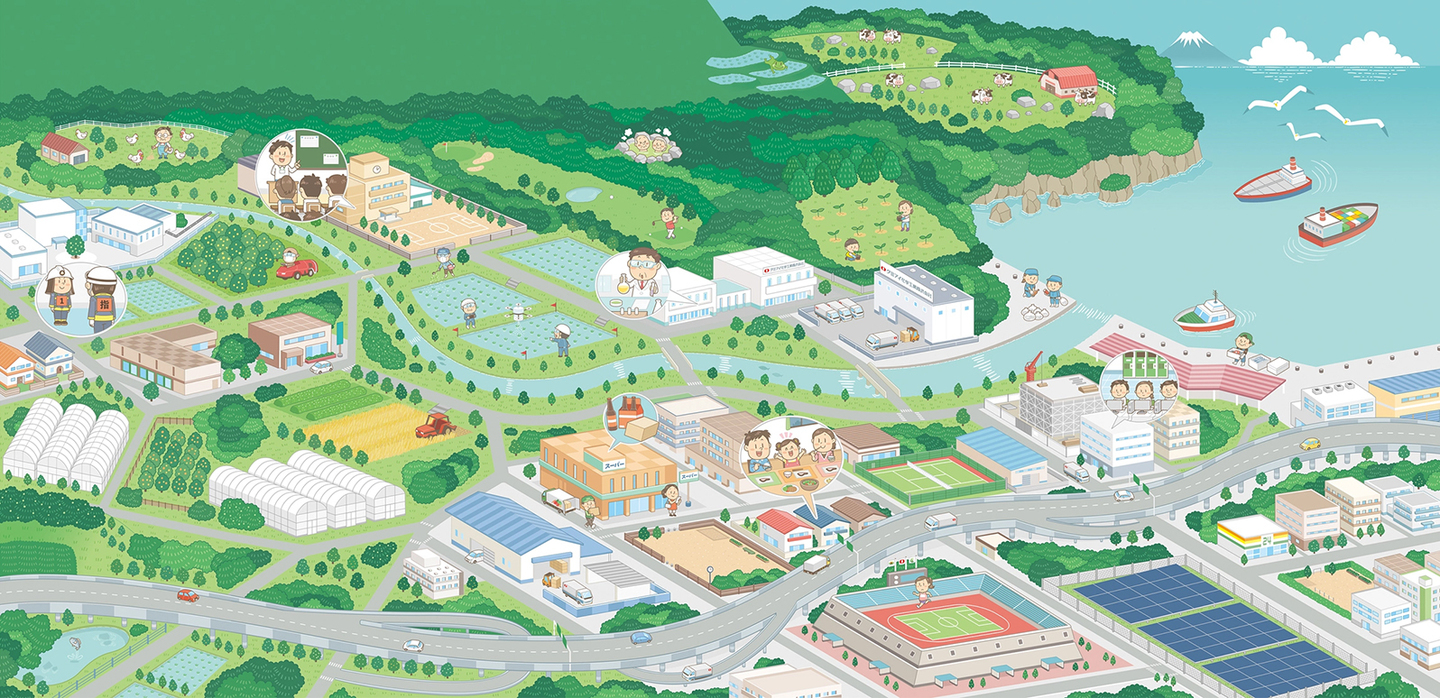 〈CSR〉アシンメトリックな俯瞰の街イラスト制作-イラストレーターStudioCUBE.